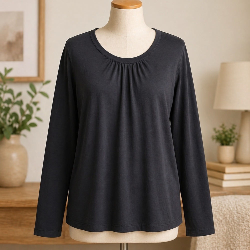 Denim & Co Essentials Black Pleated Scoop Neck Long Sleeve Top Womens 1X